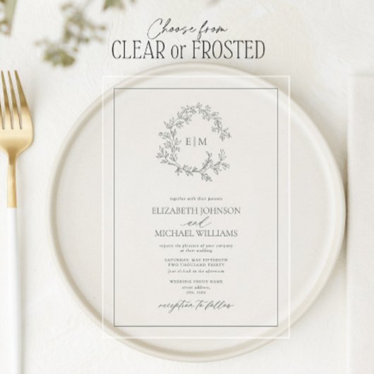ユーカリプトゥスグリーンリーピークレストモノグラム結婚ズ アクリル招待状