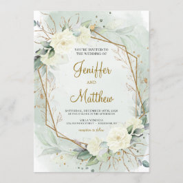 ユーカリプトゥスグリーンリーホワイトローズ結婚金ゴールド 招待状