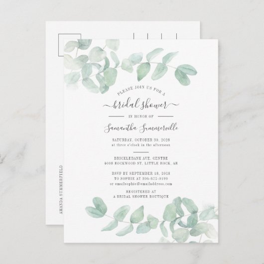 ユーカリプトゥスグリーンリーボタニカルスクリプトブライダルシャワー インビテーションポストカード (正面/裏面)