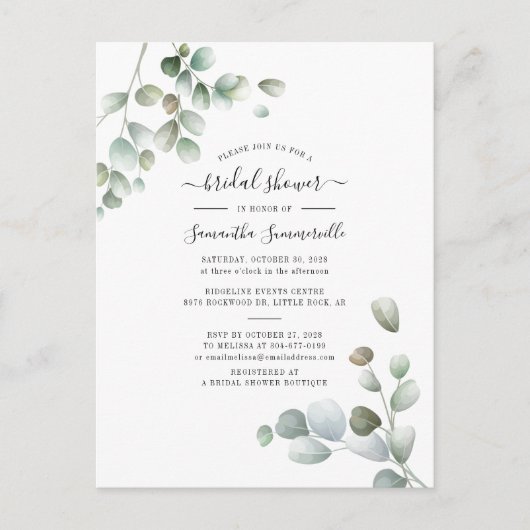 ユーカリプトゥスグリーンリーボタニカルスクリプトブライダルシャワー インビテーションポストカード (正面)