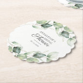ユーカリプトゥスグリーンリーボタニカルスクリプトブライダルシャワー ペーパーコースター (アングル)