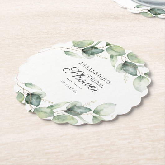 ユーカリプトゥスグリーンリーボタニカルスクリプトブライダルシャワー ペーパーコースター (アングル)