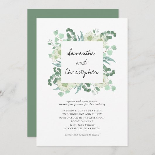 ユーカリプトゥスグリーンリーボタニカル結婚式招待状 (正面/裏面)