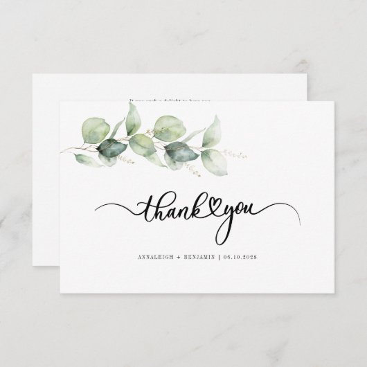 ユーカリプトゥスグリーンリーラブハート書道結婚の サンキューカード (正面/裏面)