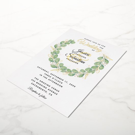 ユーカリプトゥスグリーンリーリース金ゴールドホワ結婚イト 箔招待状 (回転した状態)