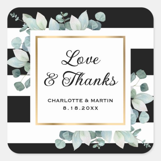 ユーカリプトゥスグリーンリー白黒結婚金ゴールド スクエアシール (正面)