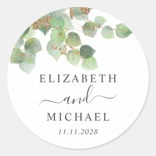 ユーカリプトゥスグリーンリー金ゴールド水結婚色の ラウンドシール (正面)