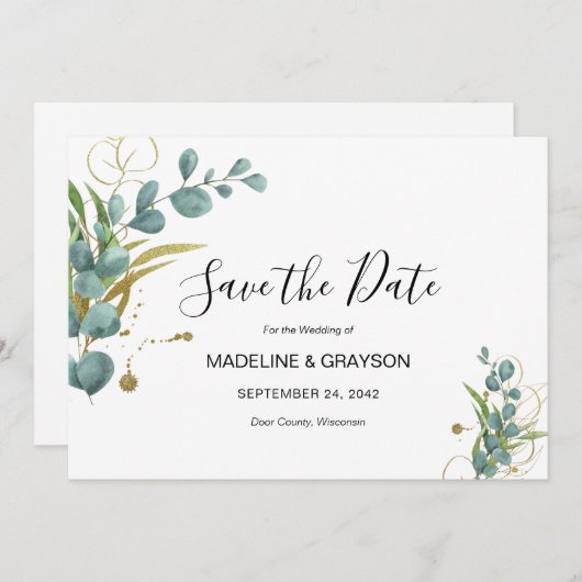 ユーカリプトゥスグリーンリー金ゴールド結婚式招待状 セーブザデート (正面/裏面)