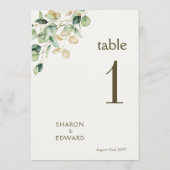 ユーカリプトゥスグリーン結婚&金ゴールドの5x7テーブル番号 (裏面)