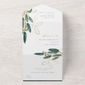 ユーカリプトゥスグリーン金ゴールドの葉の水色結婚の色 オールインワン招待状 (外側)