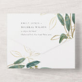 ユーカリプトゥスグリーン金ゴールドの葉の水色結婚の色 オールインワン招待状 (裏面)