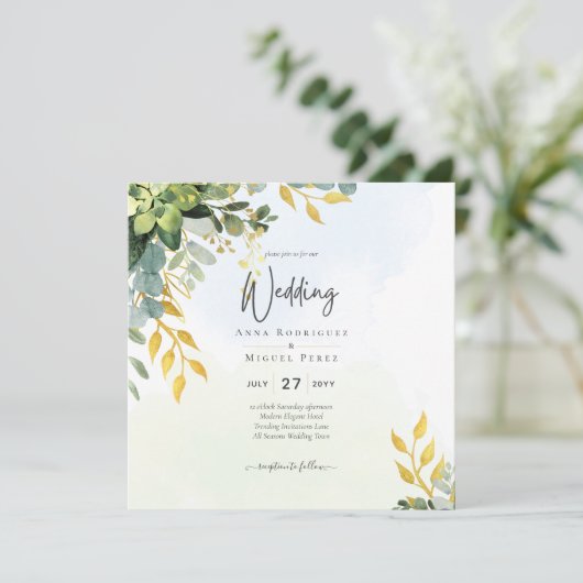 ユーカリプトゥスグリーン金ゴールド結婚式が緑を招待 招待状 (スタンド正面)