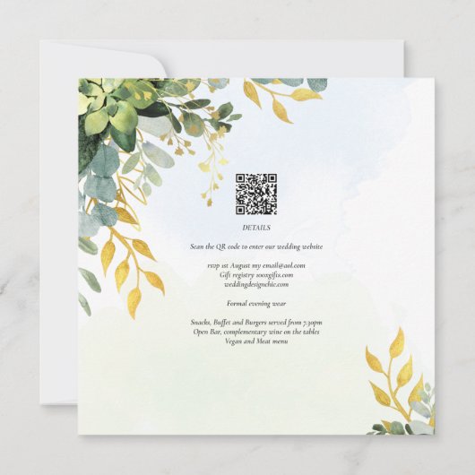 ユーカリプトゥスグリーン金ゴールド結婚式が緑を招待 招待状 (裏面)