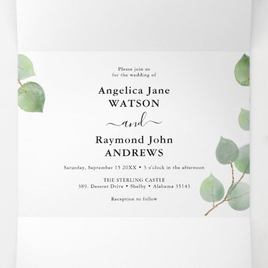 ユーカリプトゥスグリーン&クラシック金ゴールド結婚ズ 三つ折り招待状 (内部中)