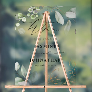 ユーカリプトゥスグロー金ゴールド結婚グリーンリーの歓迎 アクリルサイン