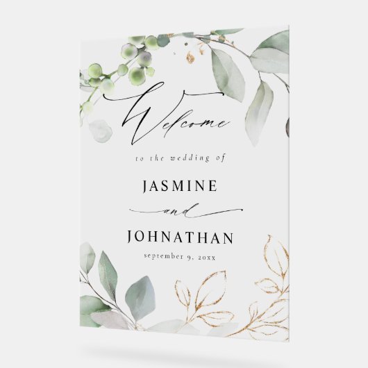 ユーカリプトゥスグロー金ゴールド結婚グリーンリーの歓迎 アクリルサイン (傾斜)