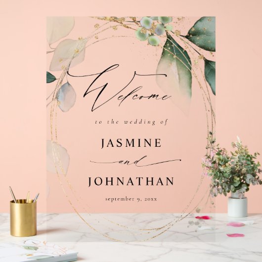 ユーカリプトゥスグロー金ゴールド結婚グリーンリーへようこそ2 アクリルサイン (ウェディング)