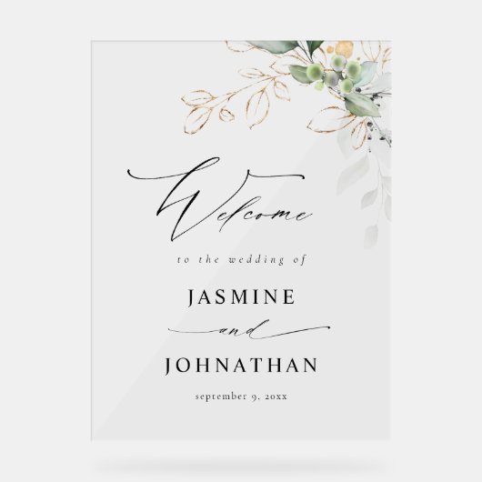 ユーカリプトゥスグロー金ゴールド結婚グリーンリーへようこそ4 アクリルサイン (正面)