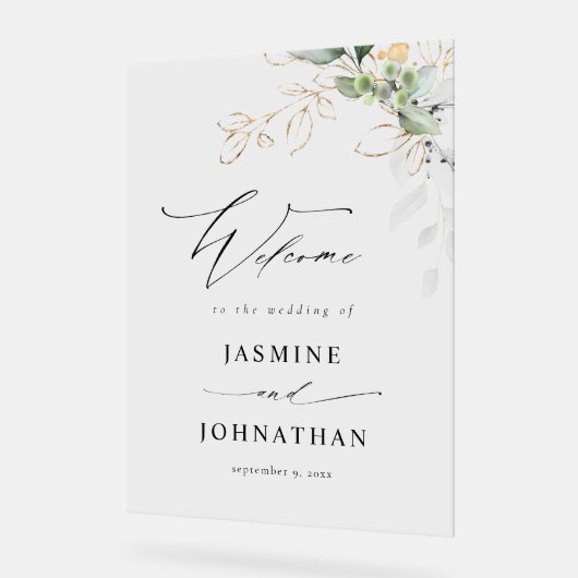 ユーカリプトゥスグロー金ゴールド結婚グリーンリーへようこそ4 アクリルサイン (傾斜)