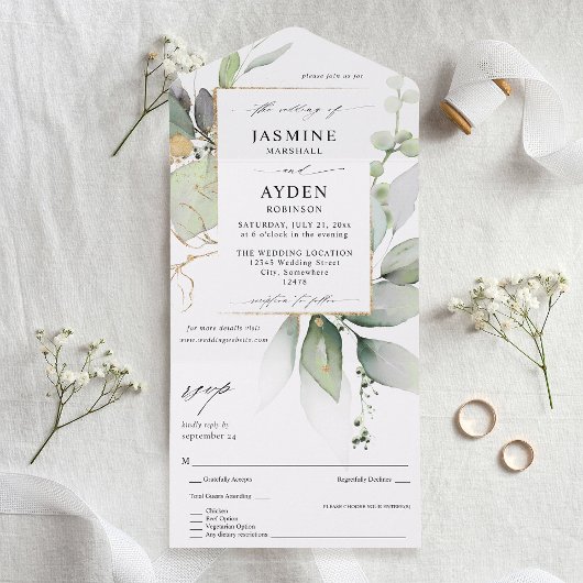 ユーカリプトゥスグロー金ゴールド結婚グリーンリーV2 オールインワン招待状