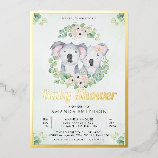 ユーカリプトゥスコアラベアツインズベビーシャワー金ゴールド 箔招待状 (正面)