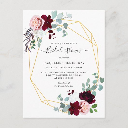 ユーカリプトゥススクリプトブルゴーニュフローラブライダルシャワー インビテーションポストカード (正面)