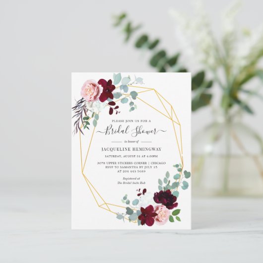 ユーカリプトゥススクリプトブルゴーニュフローラブライダルシャワー インビテーションポストカード (スタンド正面)