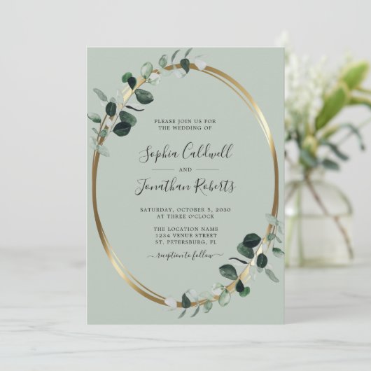 ユーカリプトゥスセージ金ゴールドメタリック結婚式招待状 招待状 (スタンド正面)