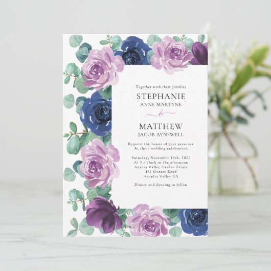 ユーカリプトゥスダスティマウヴネイビーブルー結婚ボタニカル 招待状 (スタンド正面)