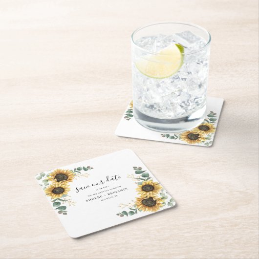 ユーカリプトゥスヒマワリフローラ結婚式の日付を保存 スクエアペーパーコースター (インサイチュ)