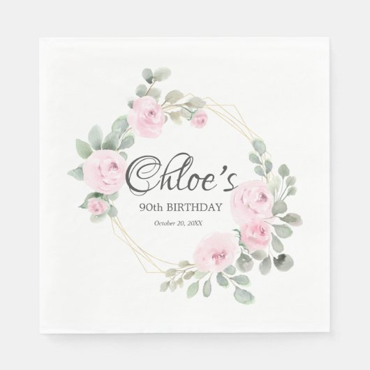 ユーカリプトゥスピンクローズフローラ90thバースデーパーティー スタンダードランチョンナプキン (正面)