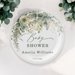 ユーカリプトゥスフラワーウォーターカラーグリーン金ゴールド ペーパープレート