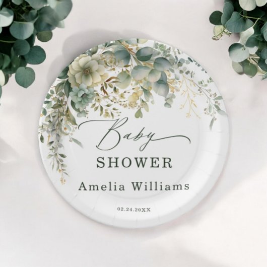 ユーカリプトゥスフラワーウォーターカラーグリーン金ゴールド ペーパープレート