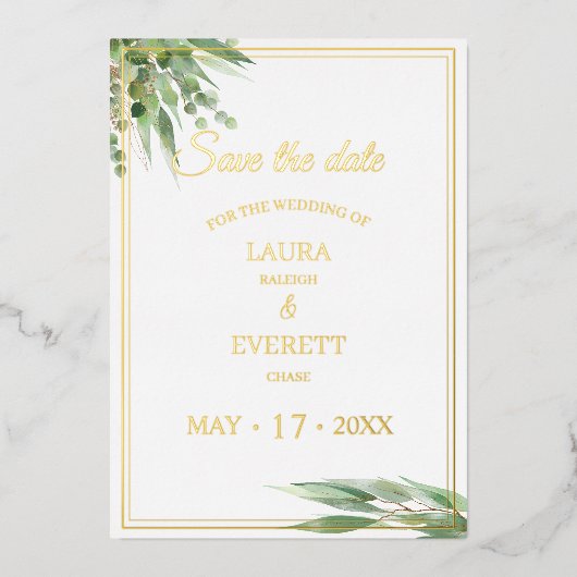 ユーカリプトゥスフレームグリーン金ゴールドの葉が日付を保存 箔招待状 (正面)
