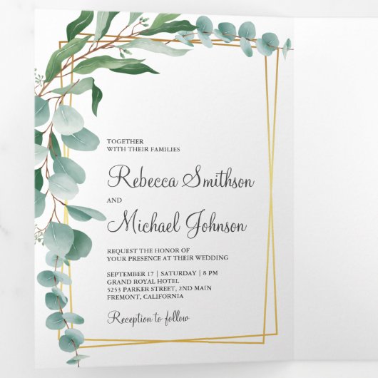 ユーカリプトゥスブランチ金ゴールドフレームフォトコラージュ結婚ズ 三つ折り招待状 (内部最初)