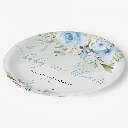 ユーカリプトゥスブルーフローラベビーイン開花ベイビーシャワー ペーパープレート (アングル)