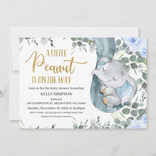 ユーカリプトゥスブルーフローラリトルピーナッツベイビーシャワー 招待状 (正面)