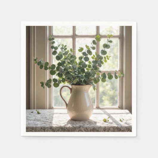 ユーカリプトゥスブーケオンレースタブレクロース スタンダードカクテルナプキン (正面)