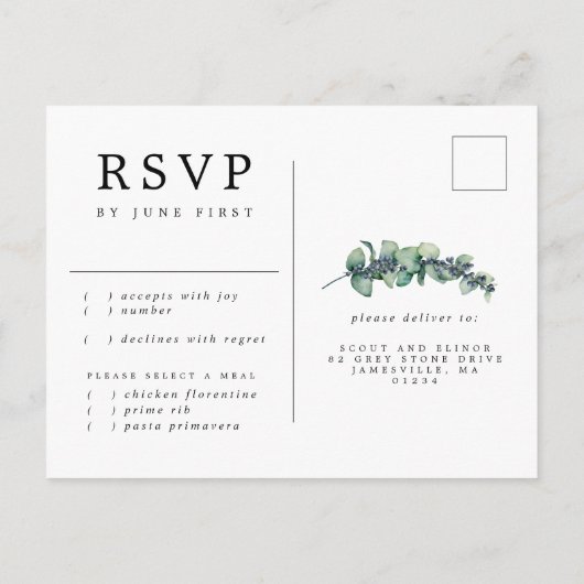 ユーカリプトゥスベリーリースウェディングRSVPポストカード インビテーションポストカード (裏面)