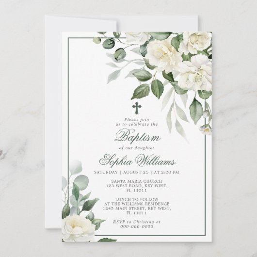 ユーカリプトゥスホワイトフラワーズバプテスマ招待状 招待状 (正面)