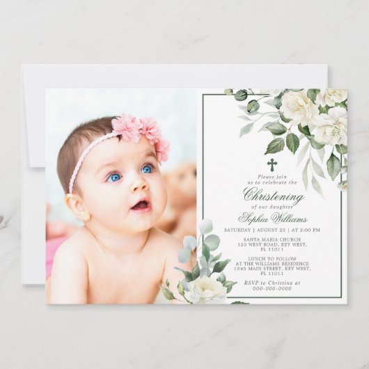 ユーカリプトゥスホワイトフラワーフォトガール《キリスト教》洗礼式や命名式 招待状 (正面)