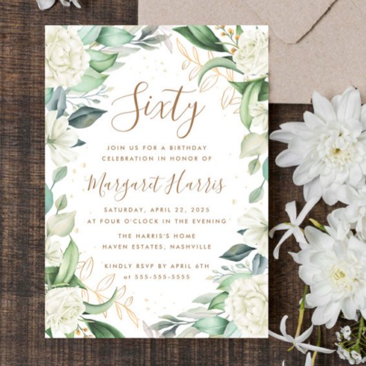 ユーカリプトゥスホワイト金ゴールドフローラ60th60誕生日 招待状