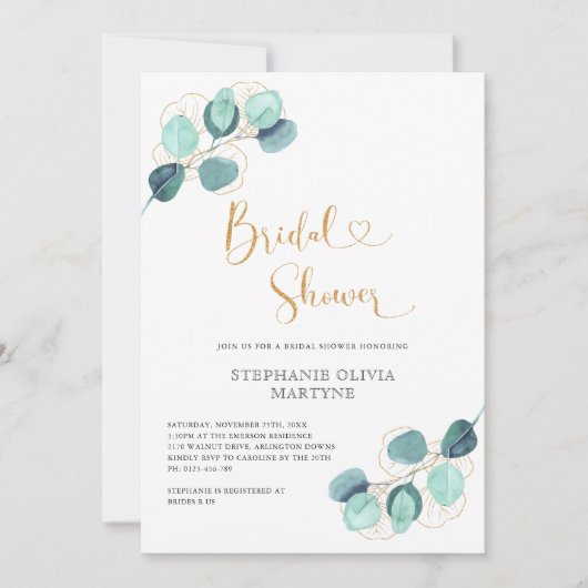 ユーカリプトゥスボタニカルウォーター金ゴールドブライダルシャワー 招待状 (正面)