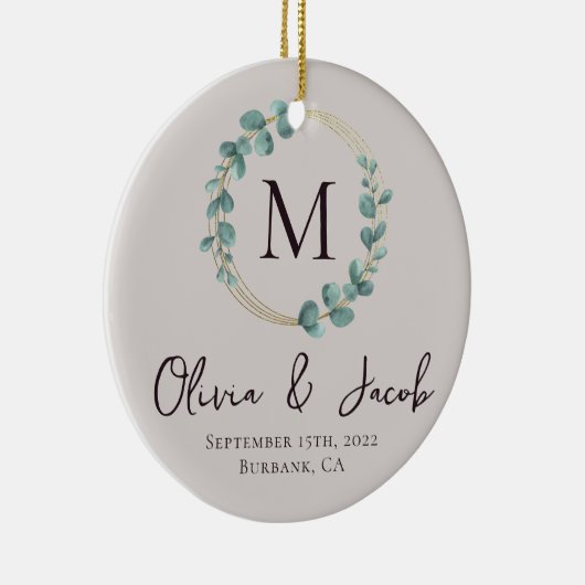 ユーカリプトゥスモノグラム結婚初めてのクリスマスの写真 セラミックオーナメント (右)