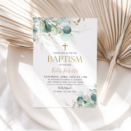 ユーカリプトゥスリーフと金ゴールドバプテスマ招待状 招待状