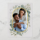 ユーカリプトゥス夢想的金ゴールド写真ウェディング日付を保存 箔招待状 (正面)