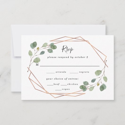 ユーカリプトゥス幾何学バラ結婚金ゴールドの食事の選択 出欠カード (正面)