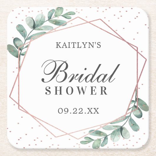 ユーカリプトゥス幾何学バラ金箔ブライダルシャワー スクエアペーパーコースター (正面)