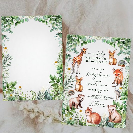 ユーカリプトゥス森林かわいい動物の赤ちゃんシャワー 招待状