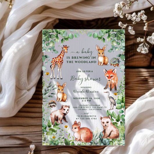 ユーカリプトゥス森林かわいい動物の赤ちゃんシャワー 招待状